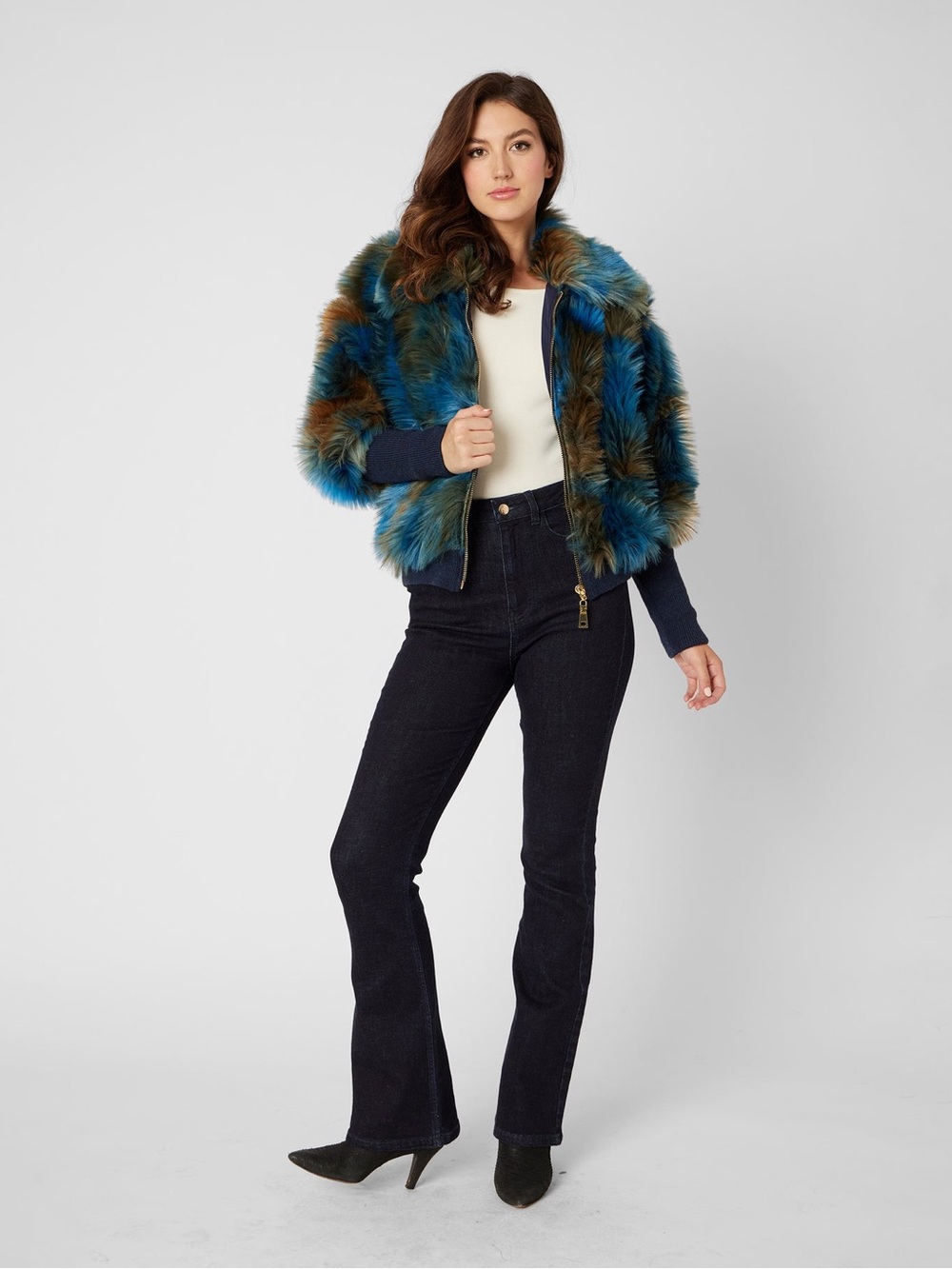 Adrienne Landau Faux Fur Bomber Jacket in blue green multi - Picture 5 of 5